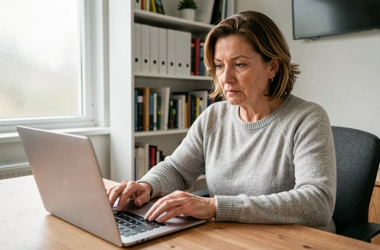 Femme cherchant une adresse à partir d'un nom sur un ordinateur portable dans un bureau à domicile