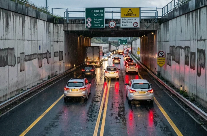 Entrée d'un tunnel autoroutier français sous la pluie avec circulation ralentie et panneaux de danger, illustration des points noirs du réseau autoroutier en France