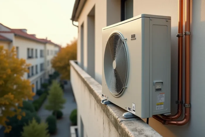 Unité extérieure de climatisation multi-split installée sur un balcon d'appartement urbain