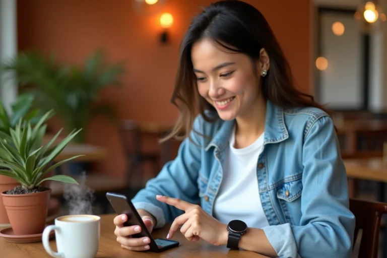 Jeune femme utilisant l'application Faljam sur smartphone dans un café, interface mobile visible à l'écran