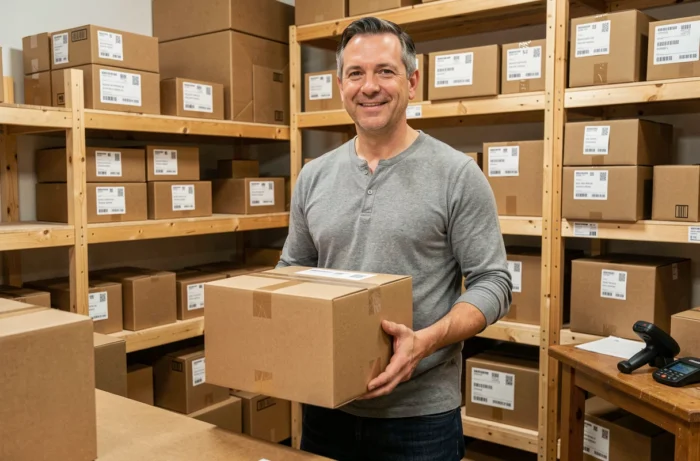 Vendeur en ligne préparant des colis dans un entrepôt avec des étagères de produits prêts à expédier