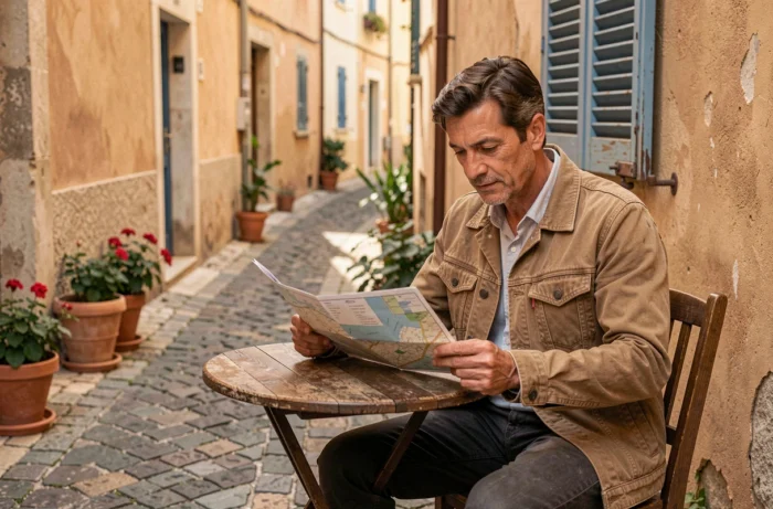 Voyageur consultant une carte dans une ruelle méditerranéenne typique