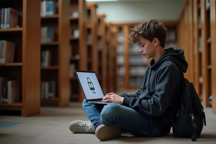 Adolescent utilisant un VPN sur son ordinateur portable dans une bibliothèque universitaire pour protéger sa confidentialité en ligne