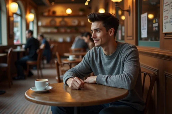 Homme souriant discrètement attablé seul dans un café parisien, ambiance intimiste évoquant la vie privée loin des projecteurs