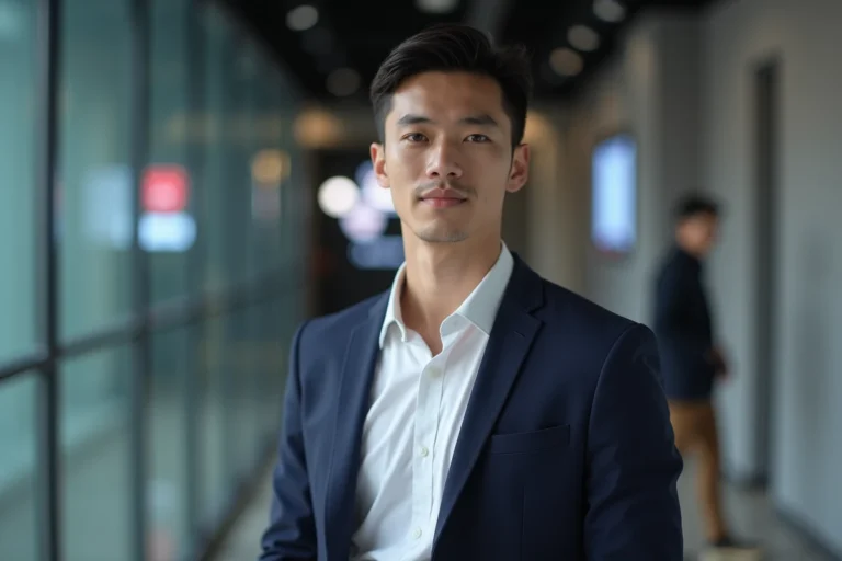 Jeune présentateur médiatique en blazer marine dans un couloir de studio de télévision moderne, portrait trois quarts professionnel
